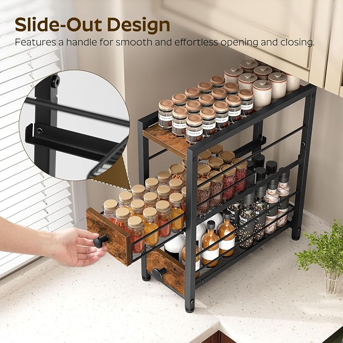 Spice Rack, 3-Tier Pull Out Spice Rack Organizer for Countertop, Narrow Kitchen Countertop Storage Shelf with 2 Drawers, for Kitchen, Cafe, Rustic Brown and Black SR02BR