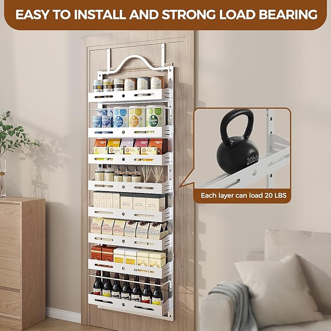 8-Tier Pantry Door Organizer, Large 2 IN 1 Wall Mount or Over The Door Pantry Organizer, Pantry Door Spice Rack with Adjustable Baskets, Over Door Organizer for Kitchen,（72.6×17.1×5.1in, White)