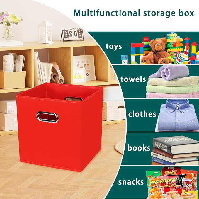 Black Foldable Storage Cubes Bins, Fabric Storage Box Cubes Organizer Baskets with Dual Handles for Home Organizer,Set of 3,(Red)
