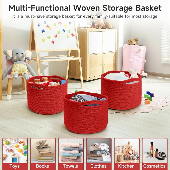 3 Pack Small Rope Storage Baskets, 9.82×9.82×7.1", Red | Cotton Basket for Gifts Empty, Cute Round Woven Basket, Decorative Shelf Basket Organizer, Organizing Basket for Shelves