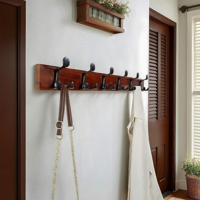 WEBI Coat Rack Wall Mount,36" Solid Wood Coat Hooks Wall Mounted Coat Hanger,16" Hole to Hole,Heavy Duty Hook Rack Rail,6 Triple Hooks for Hanging Coats,Jacket,Clothes,Hat,Backpack,Cherry
