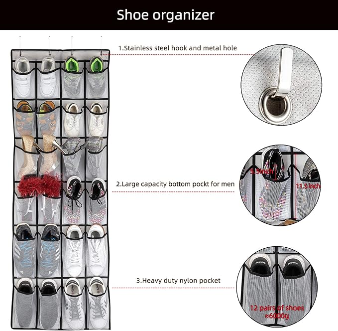 SAVERHO Over the Door Shoe Organizer, Hanging Shoe Organizer with 24 Mesh Large Pockets Door Shoe Rack Organizer for Men Women Kids Hanging Shoe Storage Bag.(White