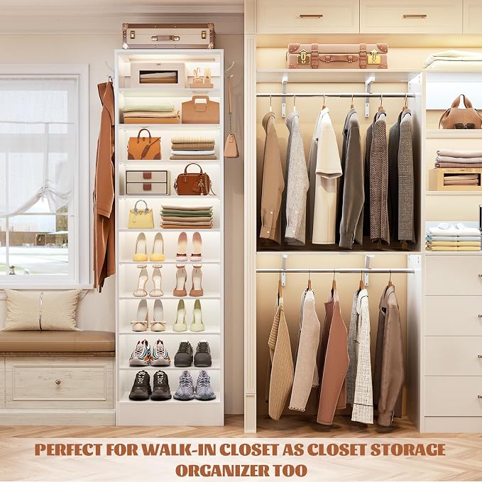 Aheaplus Tall Shoe Cabinet, 10 Tiers Narrow Wood Shoe Rack, Shoe Storage Organizer with Open Storage, Vertical Shoe Shelf Tower for 20-22 Pairs, Space Saving, for Closet, Entryway, Bedroom, White