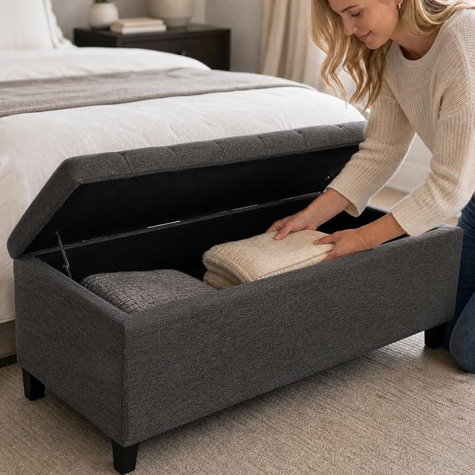 Madison Park 49" Upholstered Storage Bench, Button Tufted End of Bed Bench with Storage, Dual Spring Soft-Close Lid, Bedroom Bench for Queen King Bed, Entryway Living Room, Charcoal