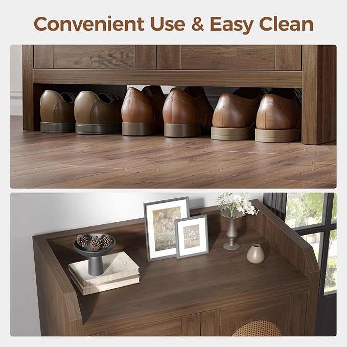 Shoe Cabinet Storage for Entryway, Natural Rattan Storage Cabinet, Wooden Shoe Rack, Farmhouse Boho Wood Shoe Organizer Cabinet for Hallway Walnut