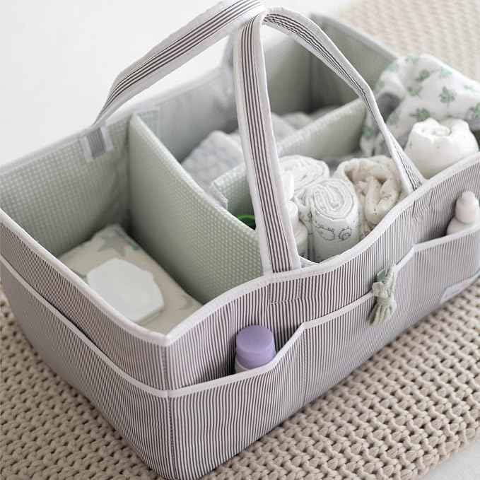 Baby Diaper Caddy - Organizer Tote for Infant Boy or Girl - Baby Shower Basket - Nursery Must Haves - Registry Favorites - Newborn Caddie Car Travel - Gray/Mint, Extra Large