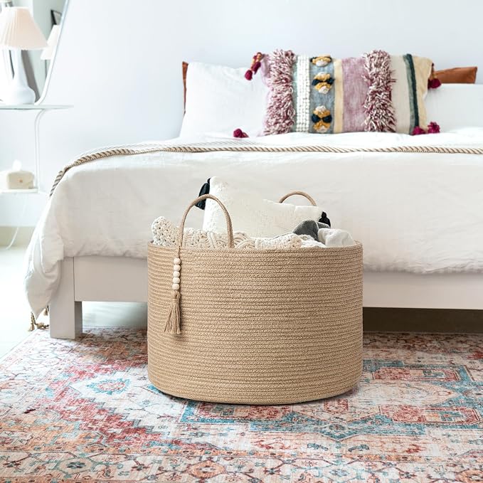 Mkono Extra Large Laundry Basket Woven Storage Baskets for Blankets Toys Clothes Organizer, Decorative Clothes Hamper 21.7" x 13.8" | Brown, Jute, Decorative Basket with Handle, Wood Beads Tassel, Shoes Towel Clothes Storage Bin, Living Room Bedroom Nu...