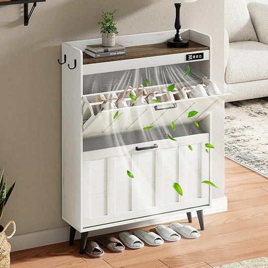 ChooChoo Shoe Storage Cabinet with 2 Flip Drawers for Entryway | Shoe Organizer Storage with Deodorizer, Freestanding Hidden Slim Narrow Shoe Rack Cabinet, Antique White & Brown