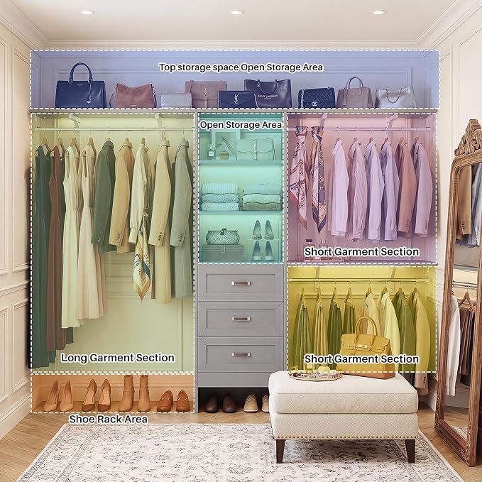 8FT Closet System with 3 Curved Drawers, 96'' Wooden Walk-in Closet Organizer with 3 Top Shelves, Adjustable Organizer System with 3 Hanging Rods, Built-in Wardrobe Storage Rack for 4-8 ft, Grey