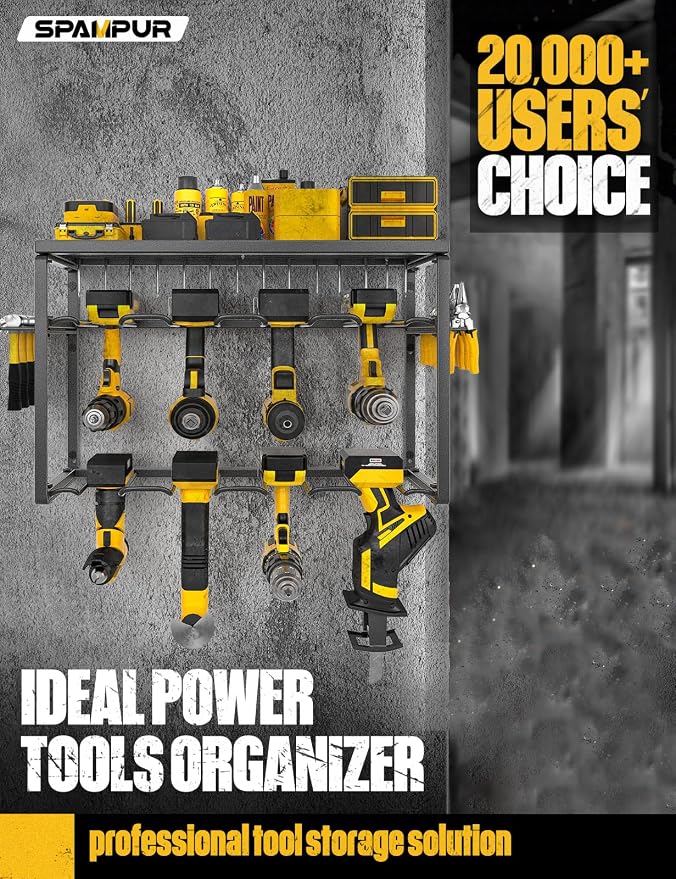 Spampur Power Tool Organizer, 8 Drill Holders Wall Mount, 3 Layer Heavy Duty Metal Storage for Garage Organization, Tools Storage with Hooks, Screwdriver Hammer Holder, Father's Day Mens Birthday Gift | Garage Organization, Tools Storage with Hooks, Sc...