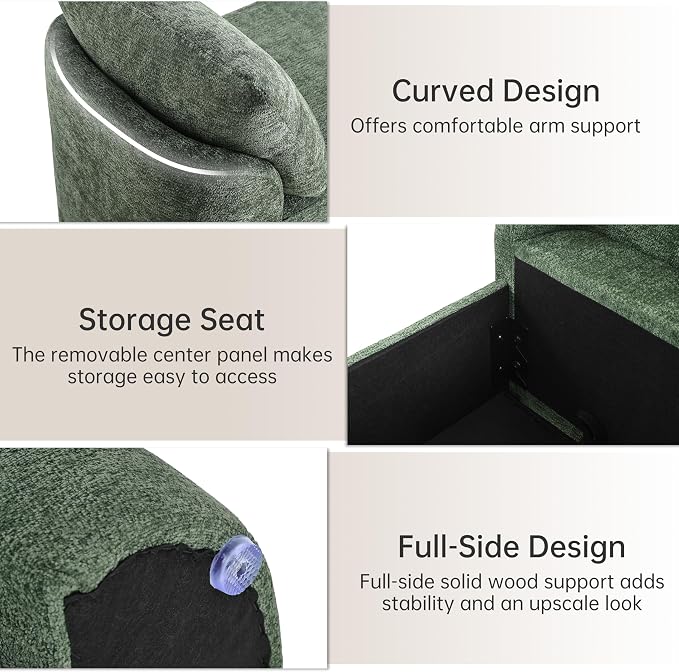 Usaint 58.3" Upholstered Storage Ottoman Bench with 2 Throw Pillows, Green | End of Bed Bench with Curved Arms and Thickened Seat Cushion for Bedroom, Livingroom, Window, Entryway and Dressing Areas