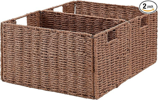 Vagusicc Wicker Storage Basket, Set of 2 Hand-Woven Paper Rope Wicker Basket, Small Storage Baskets for Organizing Toilet Paper, Foldable Large Cube Storage Organizer Baskets Bin for Shelves (Brown)