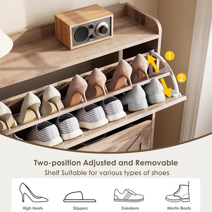 Nicetree Shoe Storage Cabinet with 2 Flip Drawers, Entryway Organizer, Oak | Slim Shoe Cabinet with Metal Legs, Narrow Farmhouse Shoe Organizer for Entryway, Foyer, Hallway, Wood Shoe Rack with Hook