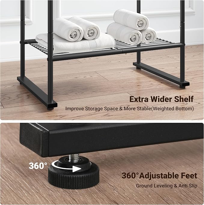 ELYKEN 3 Tier Freestanding Towel Rack with Shelf, 40" H Towel Stand, Black | Metal Drying Rack for Oversized Bath Towels & Blankets, 4 Hooks, Indoor & Outdoor Use, Fits Bathroom, Tub, Shower, Poolside