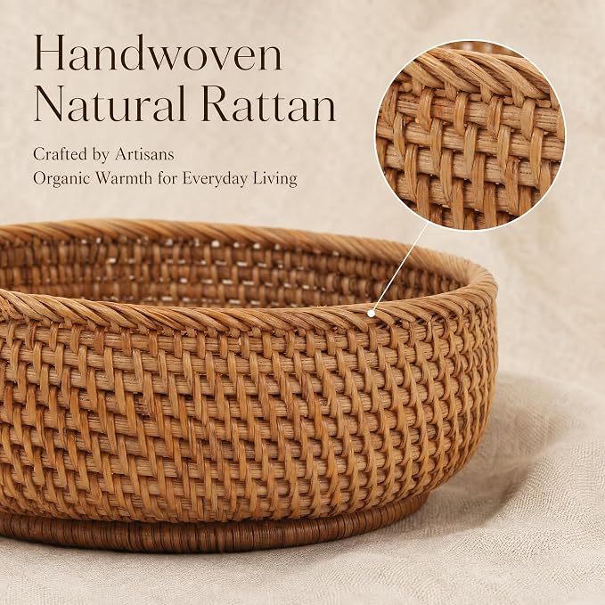 9.3" Rattan Storage Basket – Handmade Decorative Wicker Basket, Home Organization Natural Bread Basket Fruit Bowl Accessories Stationery Storage, Tabletop Bathroom Office Organizer (M, 9.3" x 3.1")