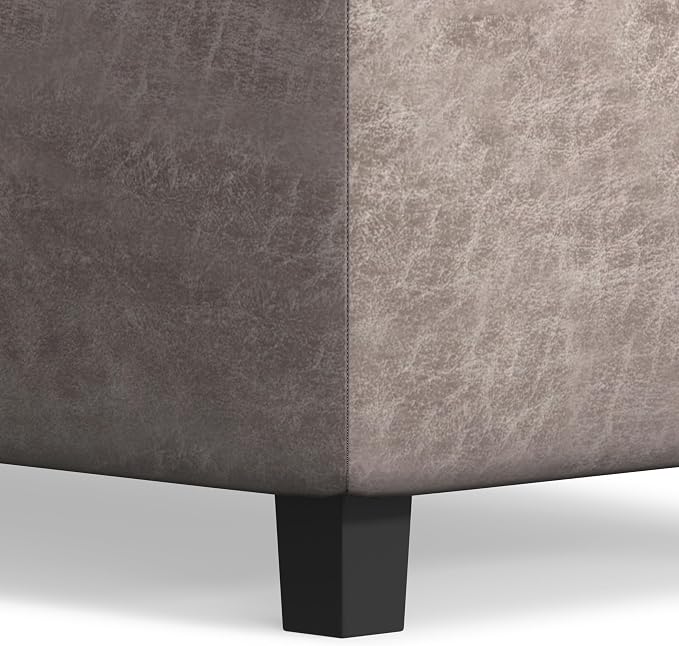 SIMPLIHOME Cosmopolitan 34" Wide Vegan Leather Storage Ottoman in Soft Blue | Distressed grey taupe, transitional storage ottoman with tufting and lift-up lid; rectangle storage bench for living room.