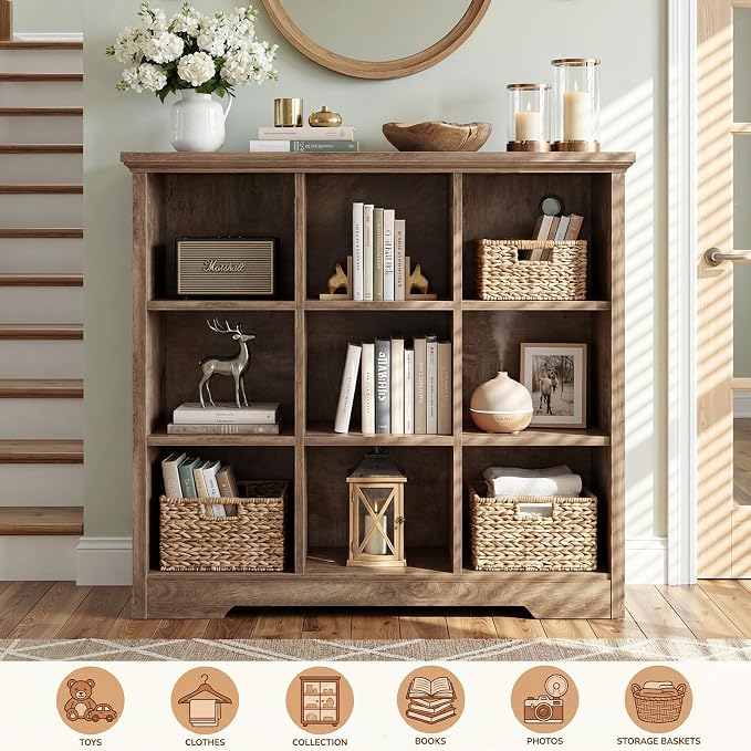 Aheaplus Wooden 9-Cube Storage Organizer with Charging Ports, Modern Cube Bookcase with Base, 4-Tier Floor Standing Open Cubbies Bookshelf, Cubicle Display Shelf for Home and Office, Cracked Oak