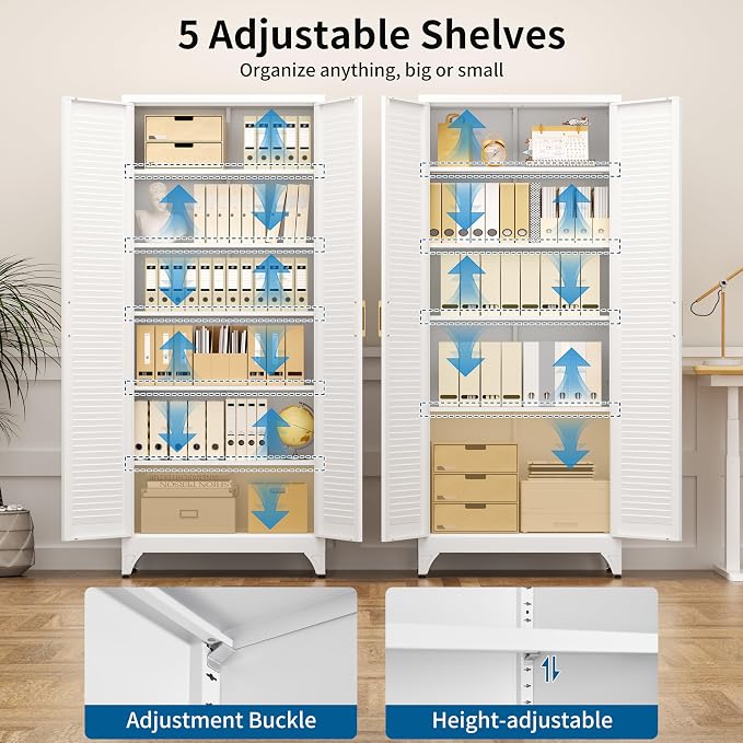 75" Tall White Metal Storage Cabinet with Doors, Heavy Duty | Freestanding Louvered Door Kitchen Pantry Cabinet, 5 Shelves (180 Lbs Load), Tall Steel Cabinets for Home and Office