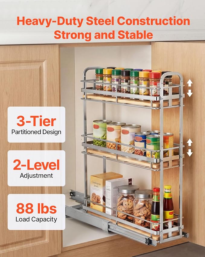 VEVOR Pull Out Spice Rack Organizer for Cabinet, 3 Tier Slide Out Spice Rack Organizer, Height Adjustable Heavy Duty Metal Seasoning Kitchen Basket for Cabinets, 5.75" W x 20.98" D x 21.34" H, Silver