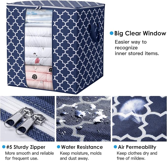 WISELIFE Storage Bags 4 Pack/100L Large Blanket Clothes Organization and Storage Containers for Comforters,Bedding, Foldable Organizer with Reinforced Handle, Clear Window, Sturdy Zippers,Blue