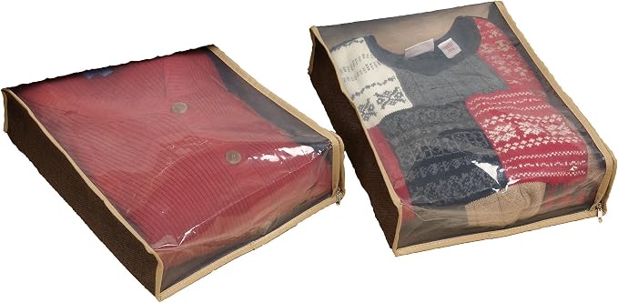 Household Essentials 66612 Sweater Storage Bags | Set of 2 | Coffee Linen,Brown/Clear