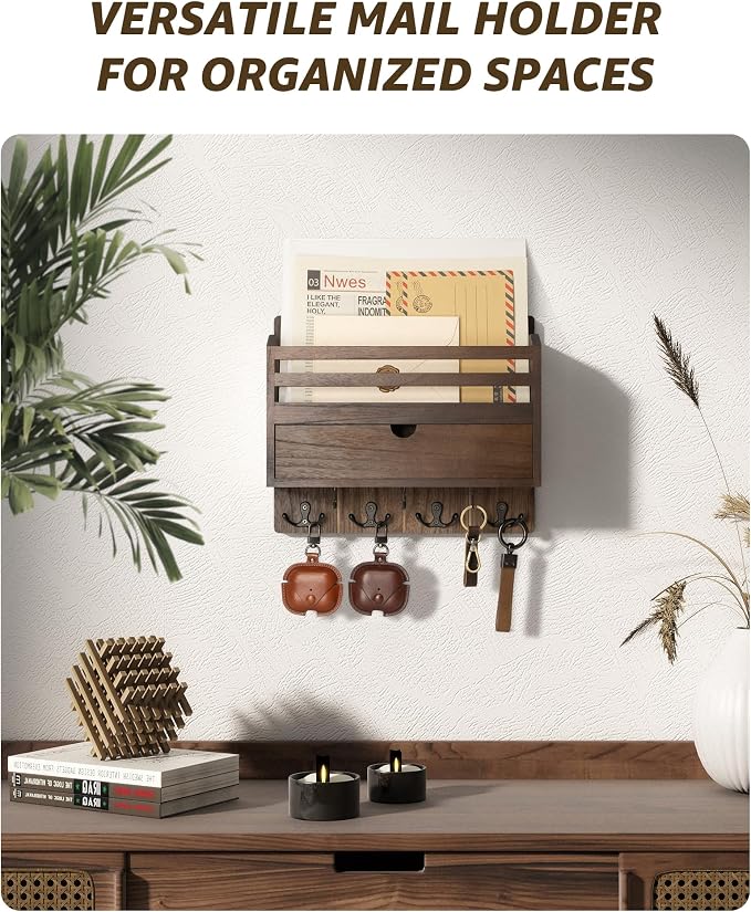 Rebee Vision Mail Organizer Wall Mount with Hooks for Entryway, Retro Brown | Key and Mail Holder for Wall, Storage Drawer, 7 Key Hooks, Mail Organizer, Rustic Home Decor, Office and Garage Organization