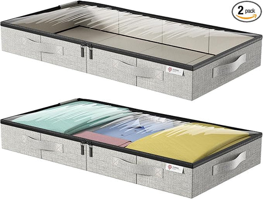 4.5 Inches Under Bed Storage Containers with Sturdy Sidewalls/Bottom and Reinforced Handles，Low Profile Underbed Storage for Clothes,Shoes,Pillows and Blankets with Zips and Clear Windows,2 Pack