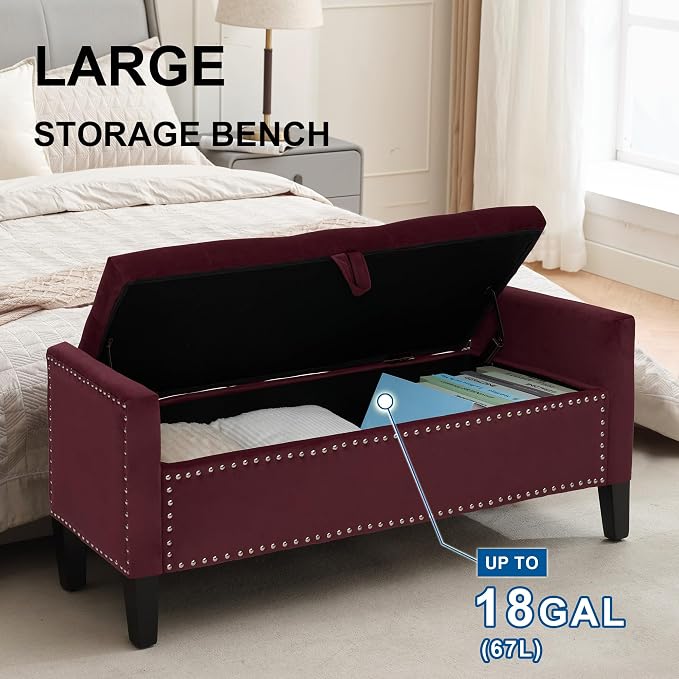 Storage Ottoman Bench, Velvet Upholstered Footstool for Bedroom and Living Room, Frosted Flannel Seat with Storage, Wooden Legs & Metal Rivets, Purple
