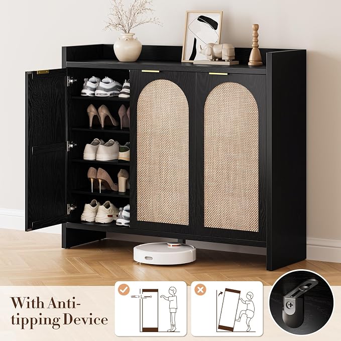 Shoe Cabinet Storage for Entryway - Rattan Accent Cabinet with 3 Doors & Adjustable Shelves, 6-Tier Large Wood Shoes Cabinets with Organizer Rack for Entry Way, Hallway, Living Room, Black