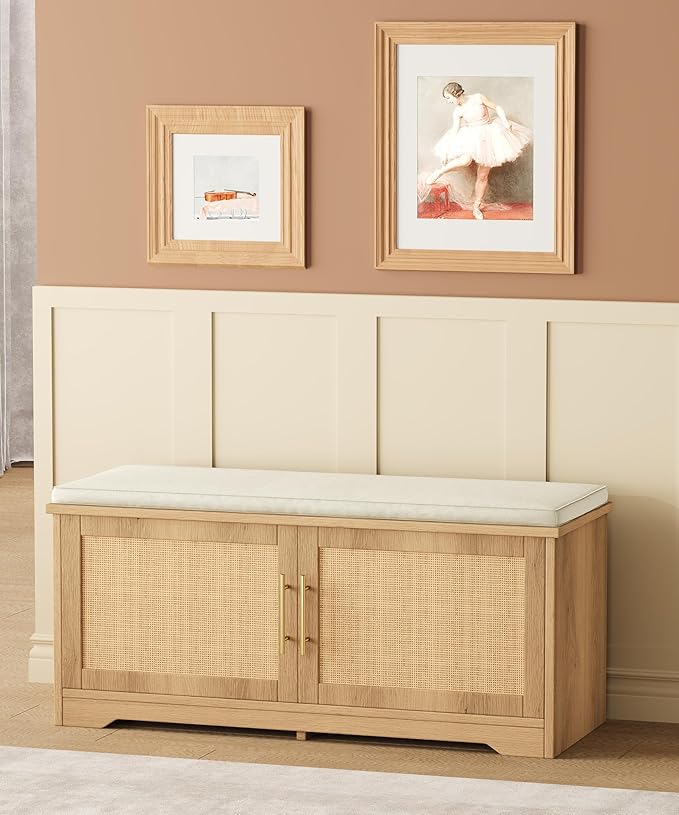 Rattan Shoe Storage Bench, 39.4" Wide Entryway Bench, Natural Oak | Hidden Shoe Organizer Cabinet with Cushion, Shoe Rack Bench with Adjustable Shelves, for Hallway Living Room, Natural Oak