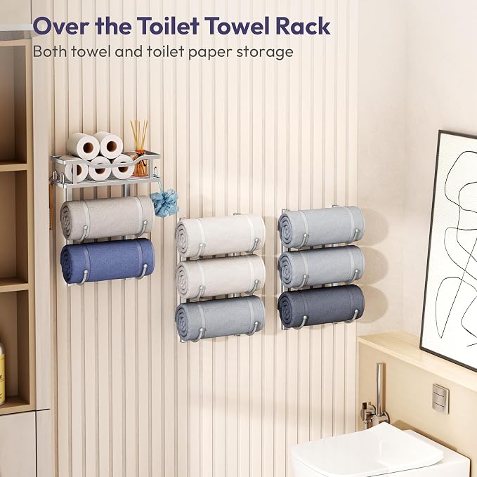 SWTYMIKI Over the Door Towel Rack - 9 Tier Towel Racks for Bathroom Wall Mounted, Towel Holder with Shelf, Hanging Rolled Towel Storage Organizer for Small Bathroom, Camper, RV, Sliver