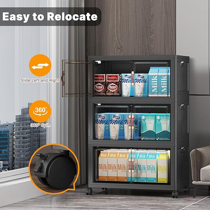 UAMFURI Stackable Storage Bins, 330QT Collapsible Drawers with 2 Lids | Large Capacity, Magnetic Door, Stack Lock, Rolling Wheels, Foldable Design, Organizers and Storage for Bedroom Dorm Garage