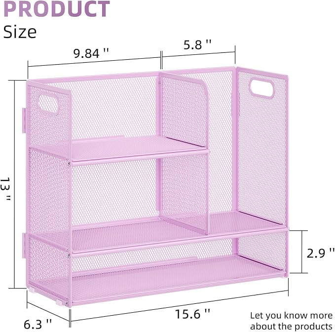 Marbrasse Desk Shelf Organizer with Handle, Bookshelf File Holder, Purple | 3-Tier Desktop Mesh Display Shelf Organizer Storage Rack for Office, Home, Supplies, Kitchen