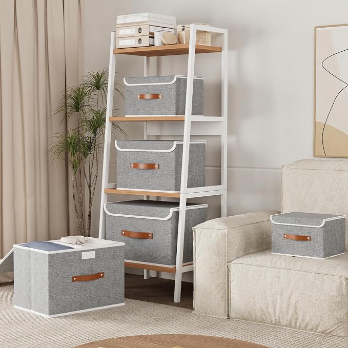 Yawinhe Collapsible Storage Boxes,Grey,10.2x7.9x6.7in,3-Pack | Fabric Storage bin with Lids, Washable Cube Organizer Basket; Container with Leather Handle,Closet Organizer for Home