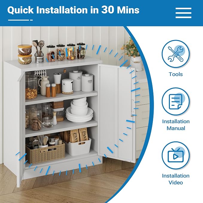 Metal Storage Cabinet, 36" Locking Cabinet with Adjustable Shelves for Garage, Office (White)