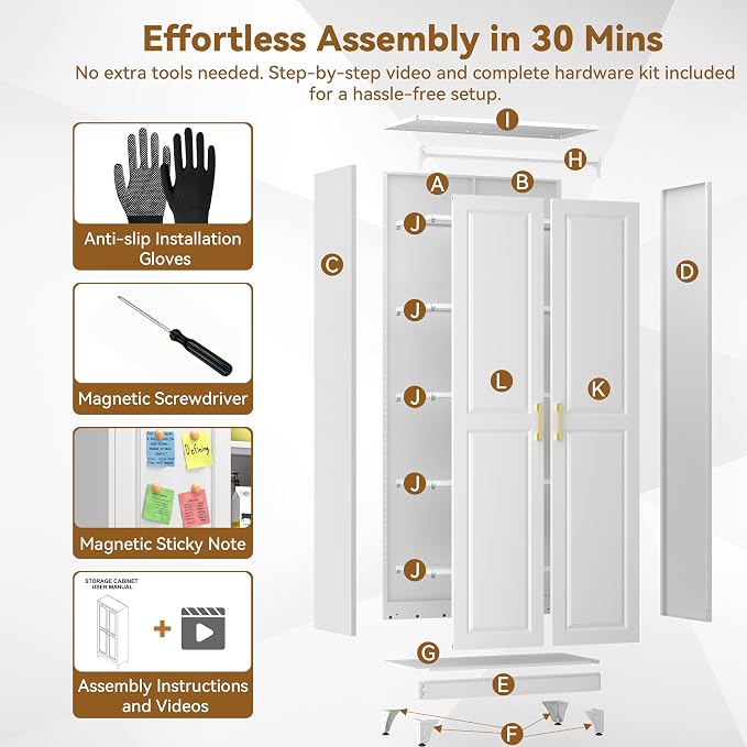 Polup 75" Pantry Cabinet, Tall Metal Storage Cabinet with Doors and Shelves | White Kitchen Cabinet, 5 Adjustable Shelving, Heavy-Duty Steel, Gold Handles, 4 Standing Feet, for Garage Office & Laundry