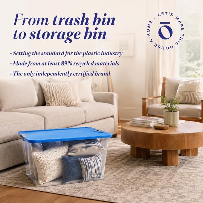 HOMZ 4-Pack Secure Latch, Clear Plastic Storage Organizer Bins, 64 Quart, Blue Lid - Stackable Container Boxes for Bedroom, Bathroom, Garage, and Office Organization