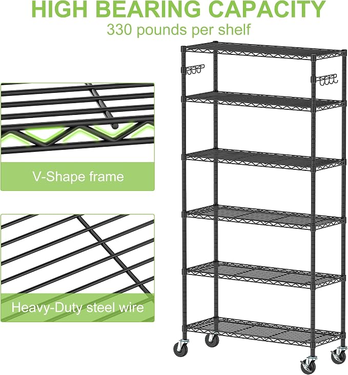 6 Tier Wire Metal Shelving Rack Garage Storage Rolling Shelves with Wheels | Heavy Duty Adjustable Industrial Shelves Unit Utility Sturdy Shelving for Kitchen Garage Pantry Bathroom Laundry