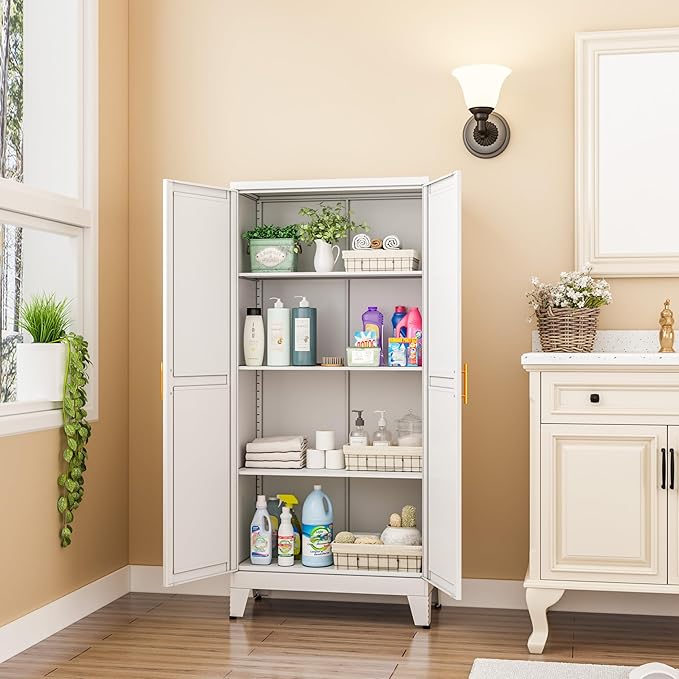 GAIOUS Metal Pantry Cabinet, Kitchen Pantry Storage Cabinets with 2 Door and 3 Adjustable Shelves, White Kitchen Pantry Cabinet, Freestanding Cupboard for Dining Room Living Room Bathroom