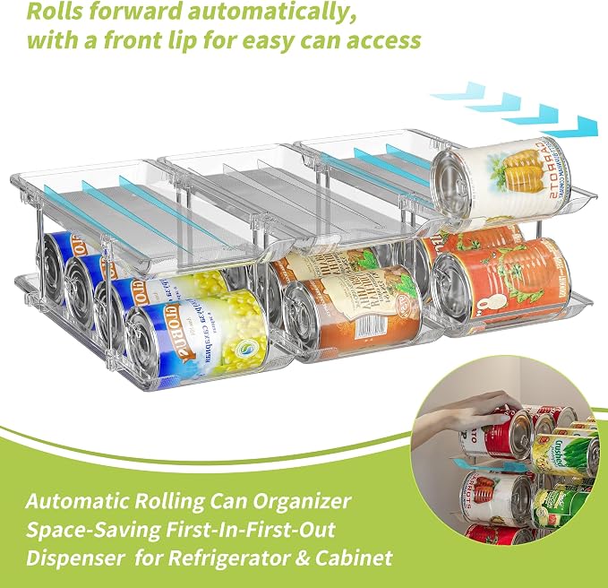 Can Organizer for Pantry, Stackable Food Pantry Storage Rack, 2 Tier | Automatic Rolling, Modular Storage, Clear Acrylic, Holds 24 Cans for Pantry, Cabinet & Fridge, Space Saving, Easy to Refill