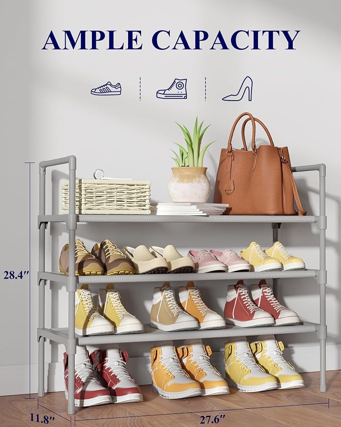 Kitsure Shoe Rack for Closet, Shoe Organizer, 27.6" Wide - 3 Tier, Grey | Shoe Storage for Closet, Entryway, Easy- Assembly& Space-Saving Shoe Shelf with Side Handle, Closet Organizer