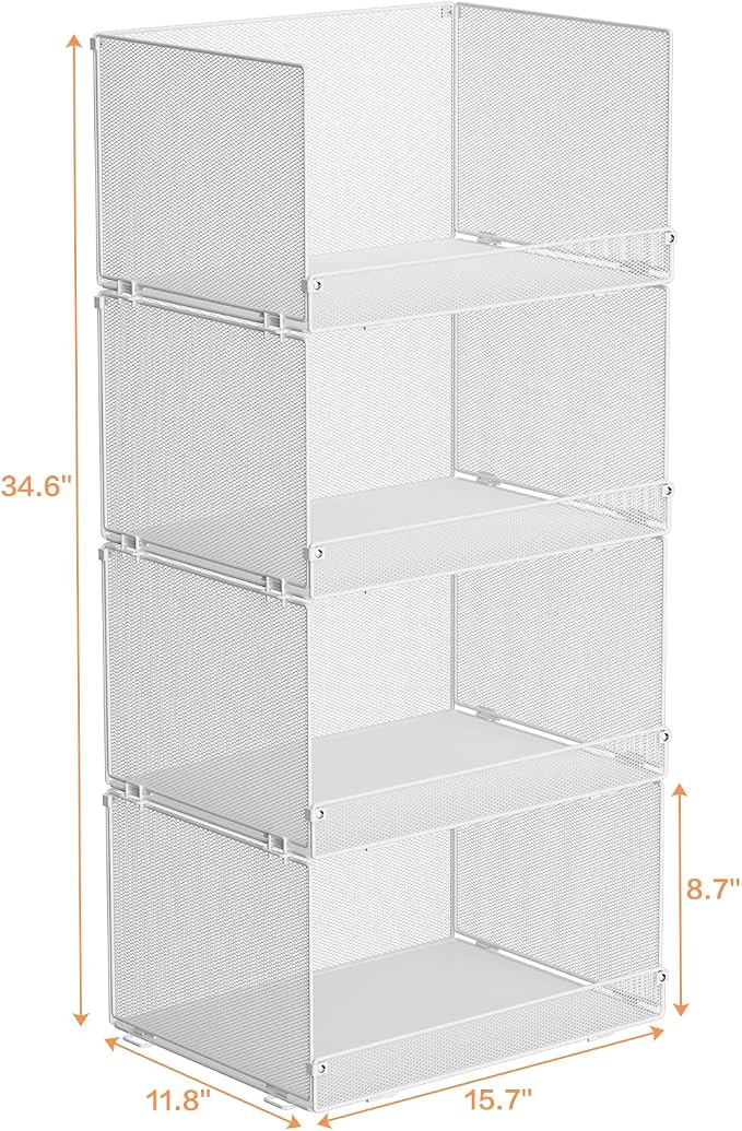 Tiaoheka 4-Tier Stackable Closet Organizers and Storage Shelves, Foldable Closet Shelf Organizer, Stackable Storage Bins Drawers for Closet Organizer System, White(Patent Pending)