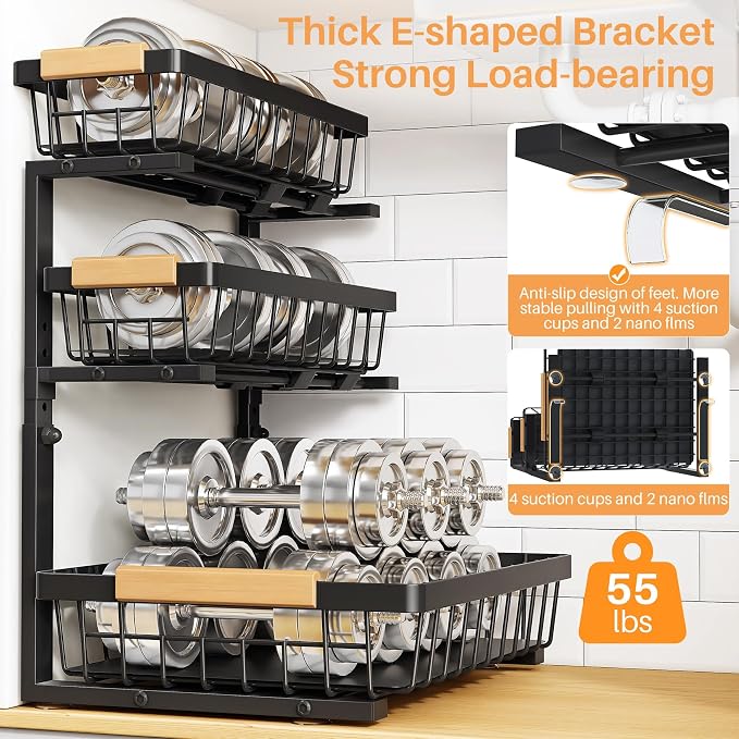 PXRACK Under Sink Organizer, 3-Tier 2-Pack Adjustable Height Pull Out Under Cabinet Organizer, Slide Out Thickened Metal Under Sink Storage for Kitchen Bathroom Laundry Pantry Organization, Black