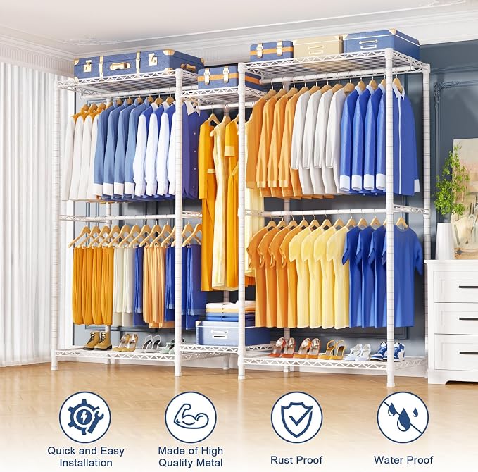 E12 Pro Clothes Rack，Heavy Duty Freestanding Garment Rack with Shelves，Metal Clothing Closet Storage System for Hanging Clothes，71" W x 16" D x 76.5" H, Hold 960 lbs，White
