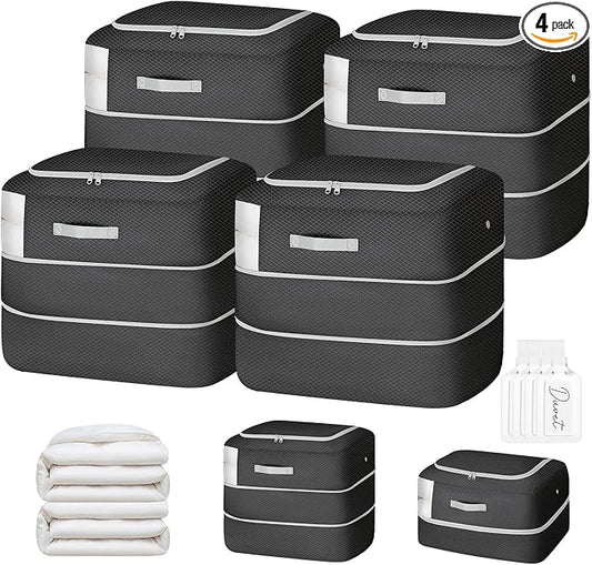 Comforter Storage Bag - 110L Large Capacity Blanket Storage Bags 2-Layer Ultra Space Saving Self Compression Organizer, Washable Compression Bags for Storage Comforter Blanket, 4-Pack, Black