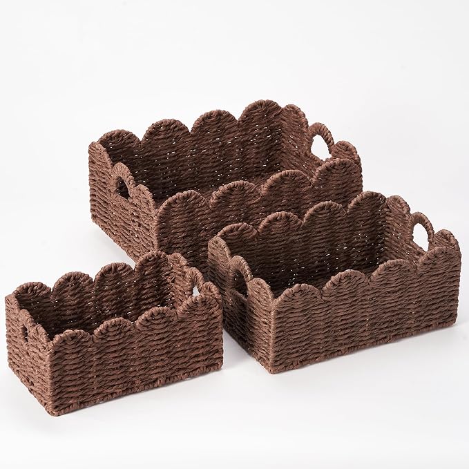 Scalloped Wicker Basket Set of 3, Hand-Woven Storage with Handles | set of 3 brown scalloped baskets with handles. Hand-woven paper rope for shelves, bathroom or closet. Stackable, sturdy.
