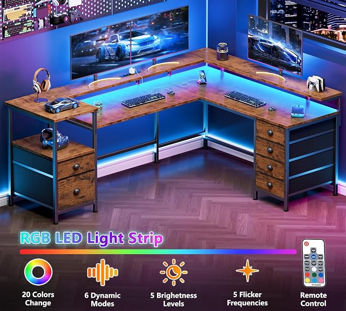 Furologee 66'' L Shaped Computer Desk with 6 Drawers & LED, Rustic Brown | Reversible Large Corner Desk with Printer Storage Shelves,LED Lights,Monitor Stand for Home Office,Working Writing Study