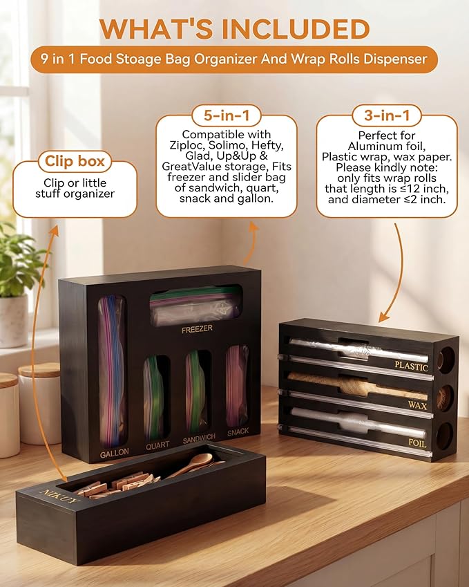 9 IN 1 Bamboo Foil and Plastic Wrap Organizer for Kitchen Drawer, Plastic Bag Organizer Organization and Storage, Food Storage Bag Organizer (BLACK)