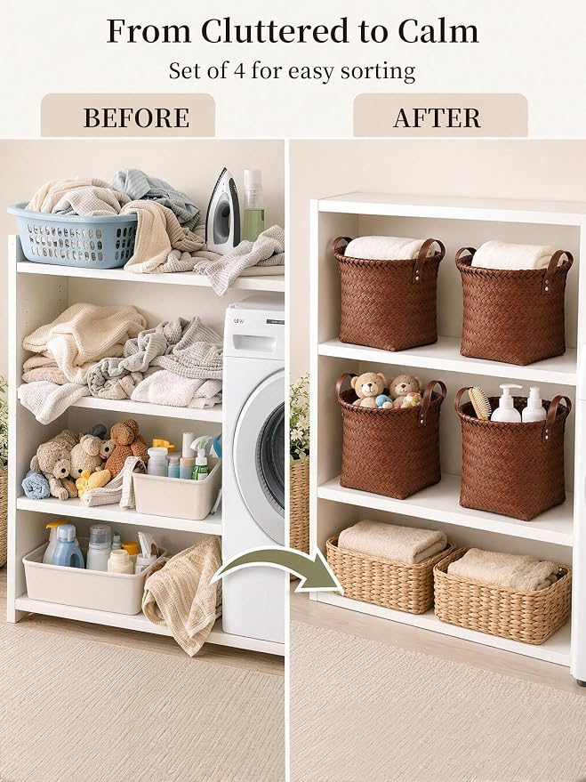 Wicker Storage Baskets, 4 Pack Woven Baskets for Shelves, Brown | PP Rattan, Water-resistant Wicker Basket, Large Baskets with Faux Leather Handles for Blanket, Laundry Organizer, Room Decor