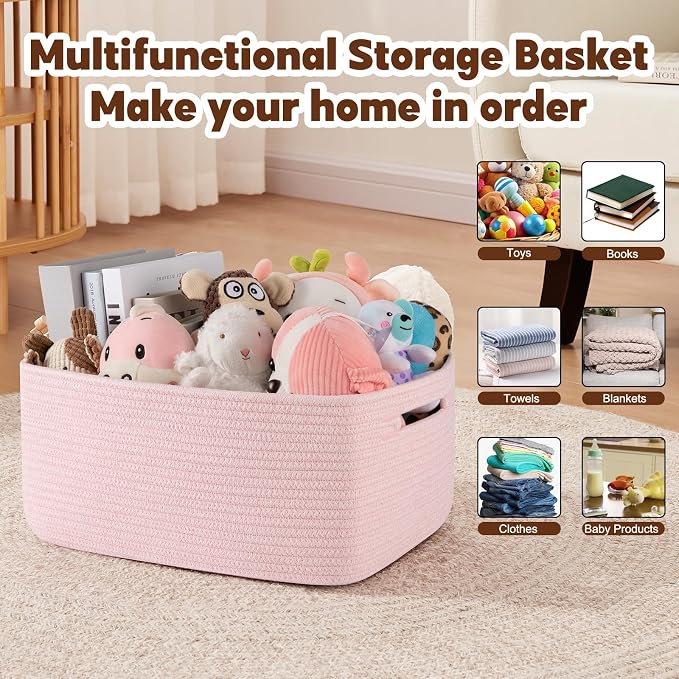 OIAHOMY Storage Basket for Shelves, Closet Cube Storage Bins Baskets for Clothes Blanket Towels, Baby Nursery, Toy Baskets Box, Woven Rope Basket, 15.75 * 11.81 * 7.09 IN, 2 Packs Mixed Pink